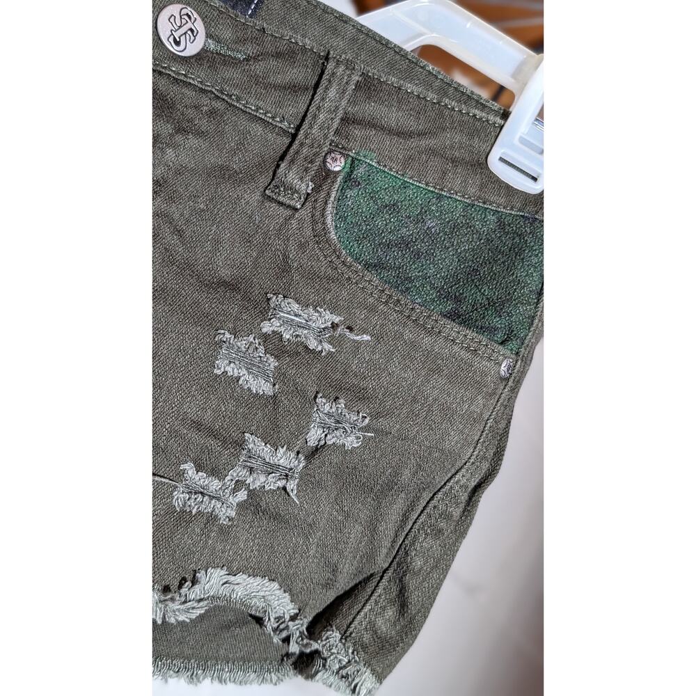 STS Blue Olive Green Distressed Denim Shorts Frayed Hem Cutoff Jean Low Rise 5 - Picture 2 of 5